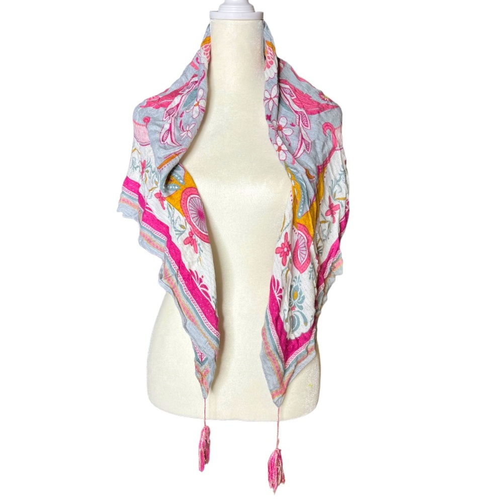 Zara Boho Fringe Paisley Scarf Metallic Thread Pink Green Rayon Retro Academia